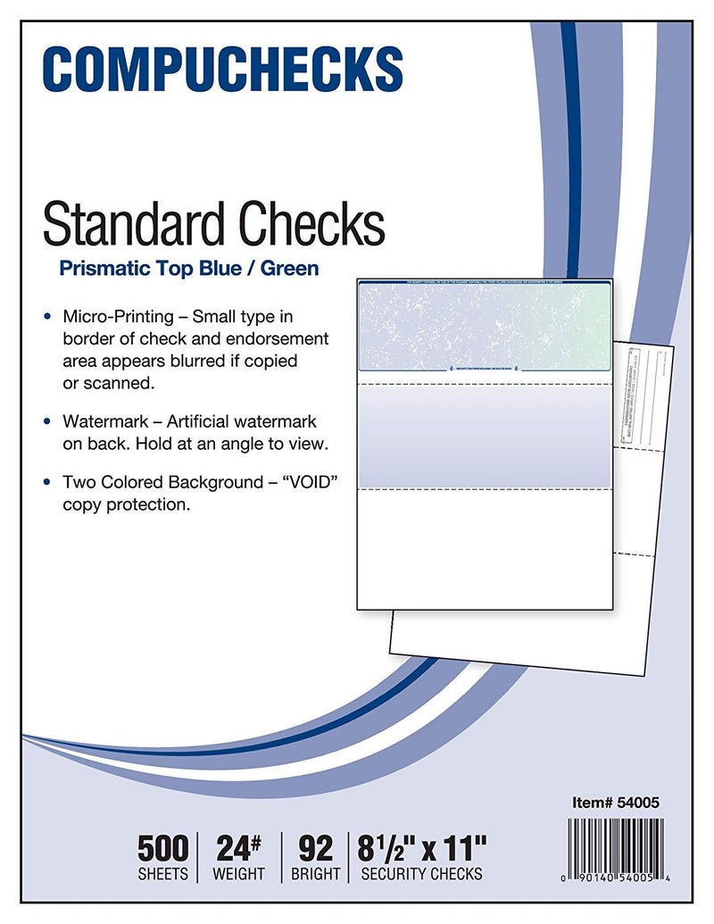 Compuchecks Check on Top Blank Check Paper - 500 Pack, Quick-Books & Laser Printer Compatible - Security Business Checks with Voucher - 8.5" x 11" Blue/Green Prismatic